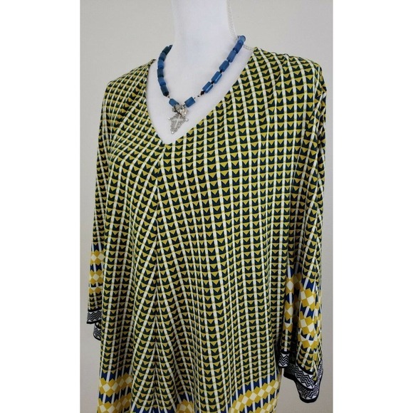 Chico's ~Woman Size 3~ Yellow/Blue Flare Top Blouse, Stretch, 3/4 Sleeve. - Picture 11 of 12